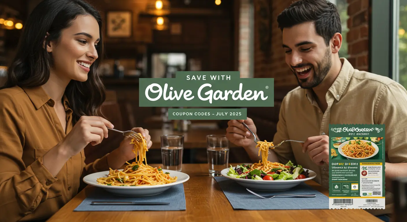 Couple enjoying Olive Garden meal with coupon on table – July 2025 savings