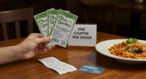 Customer holding Olive Garden coupons and rewards card at restaurant table