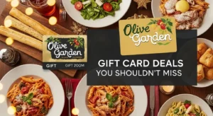 Olive Garden gift card placed beside pasta and salad with special holiday deals.