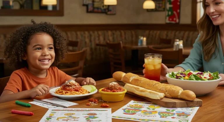 Child enjoying Olive Garden kids meal with breadsticks and activity sheet.