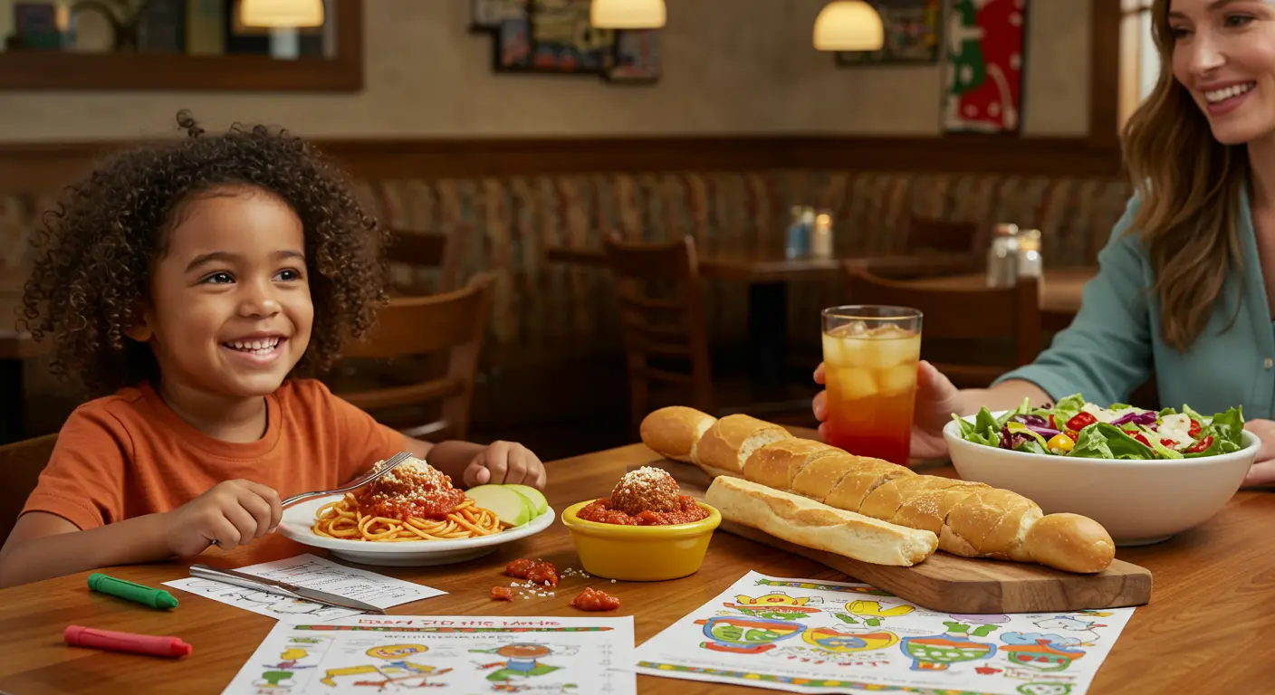 Child enjoying Olive Garden kids meal with breadsticks and activity sheet.