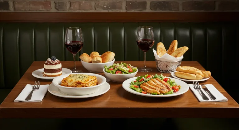 Olive Garden 2 for $25 meal with pasta, salad, breadsticks, and dessert on table for two.