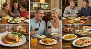  Olive Garden diners enjoying personalized 2 for $25 meals for families, couples, seniors, and vegans.