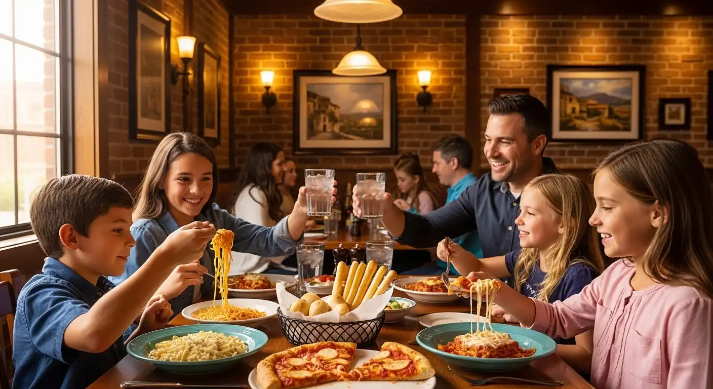 Happy family dining at Olive Garden enjoying kids pasta, pizza, and breadsticks.