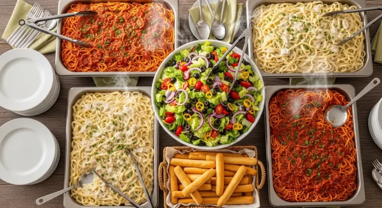 Olive Garden catering setup with pasta trays, salad bowl and breadsticks on table