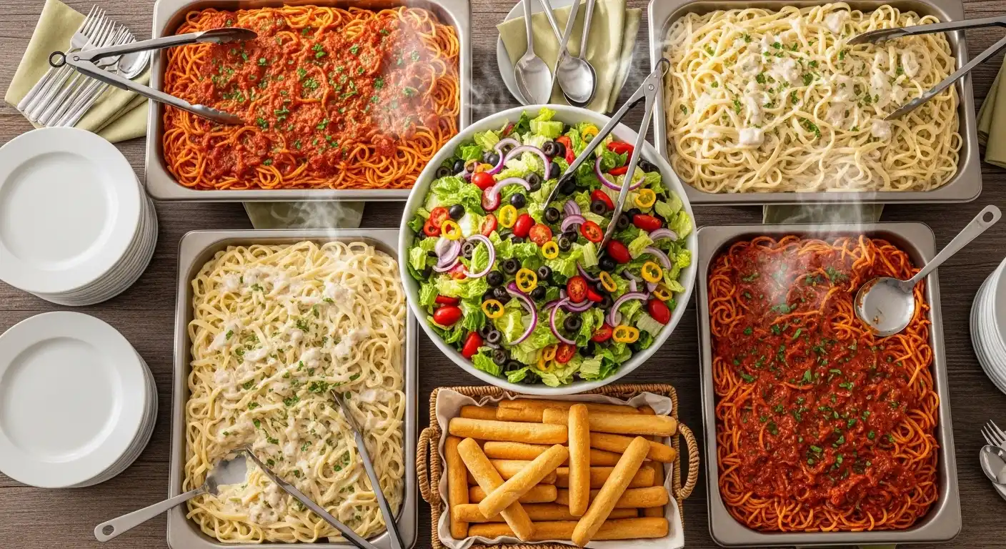 Olive Garden catering setup with pasta trays, salad bowl and breadsticks on table