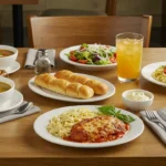 Olive Garden lunch dishes with pasta, salad, and breadsticks