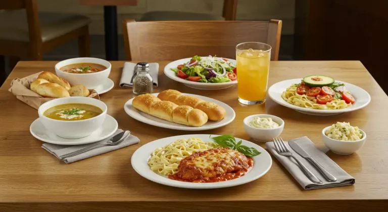 Olive Garden lunch dishes with pasta, salad, and breadsticks