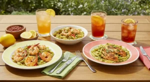Seasonal Olive Garden lunch with shrimp and pesto pasta