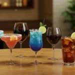 A variety of Olive Garden-style drinks including cocktails, wine, iced tea, and soda on a restaurant table