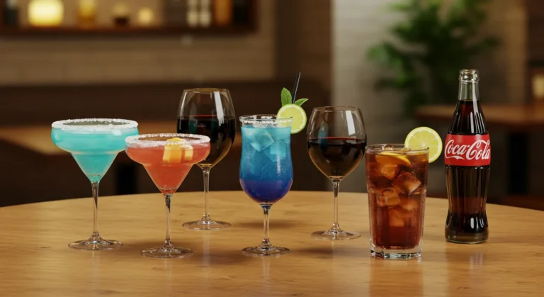 A variety of Olive Garden-style drinks including cocktails, wine, iced tea, and soda on a restaurant table