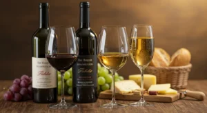 Glasses of red, white, and sparkling wine with cheese and grapes on a rustic table