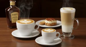 Cappuccino, espresso, and latte with tiramisu and Amaretto in a cozy restaurant setting