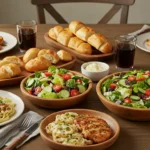 Happy family enjoying Olive Garden-style Italian meal with pasta, salad, and breadsticks