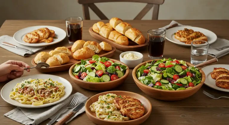 Happy family enjoying Olive Garden-style Italian meal with pasta, salad, and breadsticks