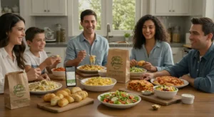Smiling family gathered at home sharing Olive Garden Family Meals in 2025