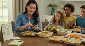 Mom using phone for Olive Garden coupons while setting table with takeout meal
