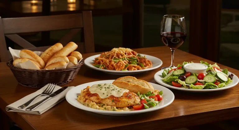 Olive Garden dinner table with Chicken Alfredo, Tour of Italy, salad, breadsticks, and wine.