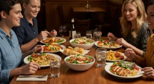 Happy group enjoying Olive Garden dinner menu with Italian dishes and warm ambiance.