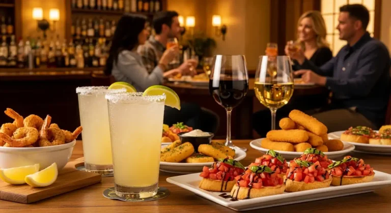 Olive Garden happy hour drinks and appetizers on a table in a cozy bar setting.