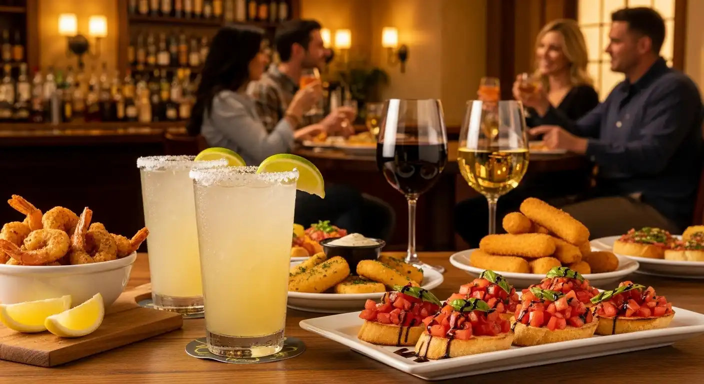 Olive Garden happy hour drinks and appetizers on a table in a cozy bar setting.