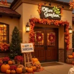 Olive Garden restaurant decorated for Thanksgiving with warm fall lights