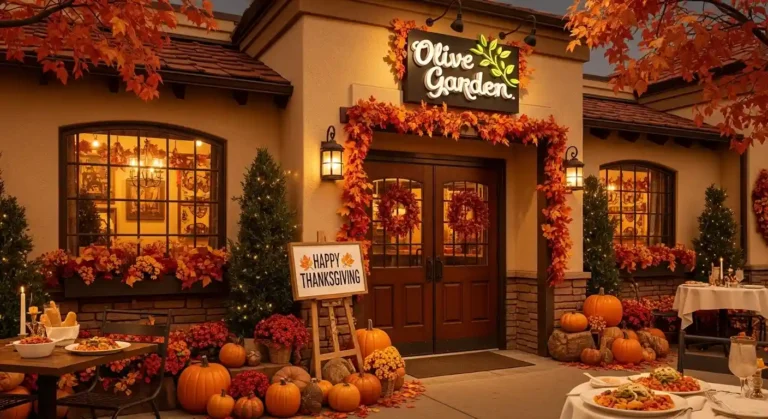 Olive Garden restaurant decorated for Thanksgiving with warm fall lights
