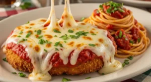 Olive Garden Chicken Parmigiana served with spaghetti and marinara sauce.