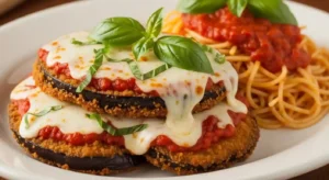 Olive Garden Eggplant Parmigiana with marinara sauce and melted cheese served with spaghetti.
