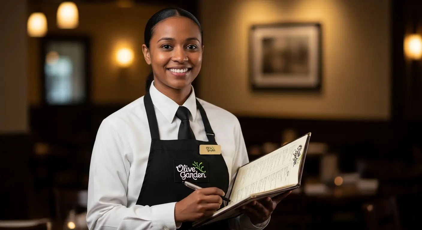 Olive Garden server in uniform welcoming customers for careers hiring guide